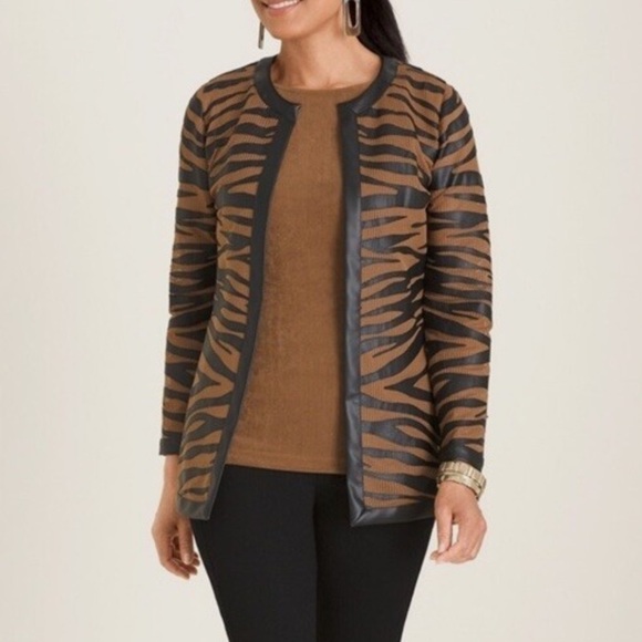 Chico’s Jacket Women 12 14 2 Large Mesh Striped Zebra Brown Cover Up B11 - Picture 3 of 8